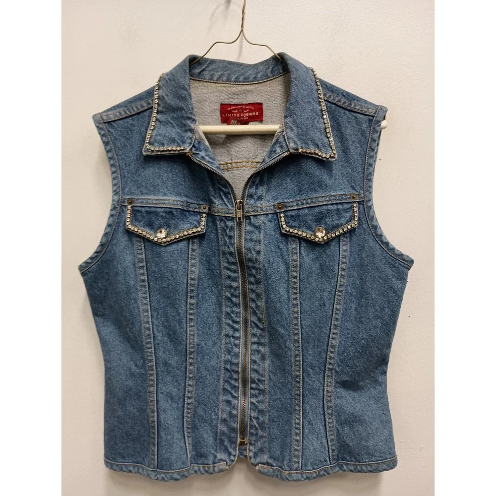 VTG‎ Y2K Limited Jeans Denim Vest Womens Medium Blue Rhinestone Trim